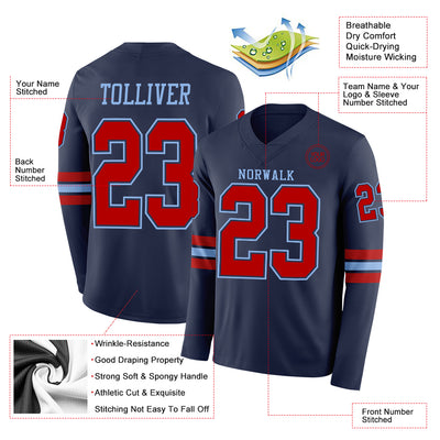 Custom Navy Red-Light Blue Long Sleeve Authentic Football Jersey