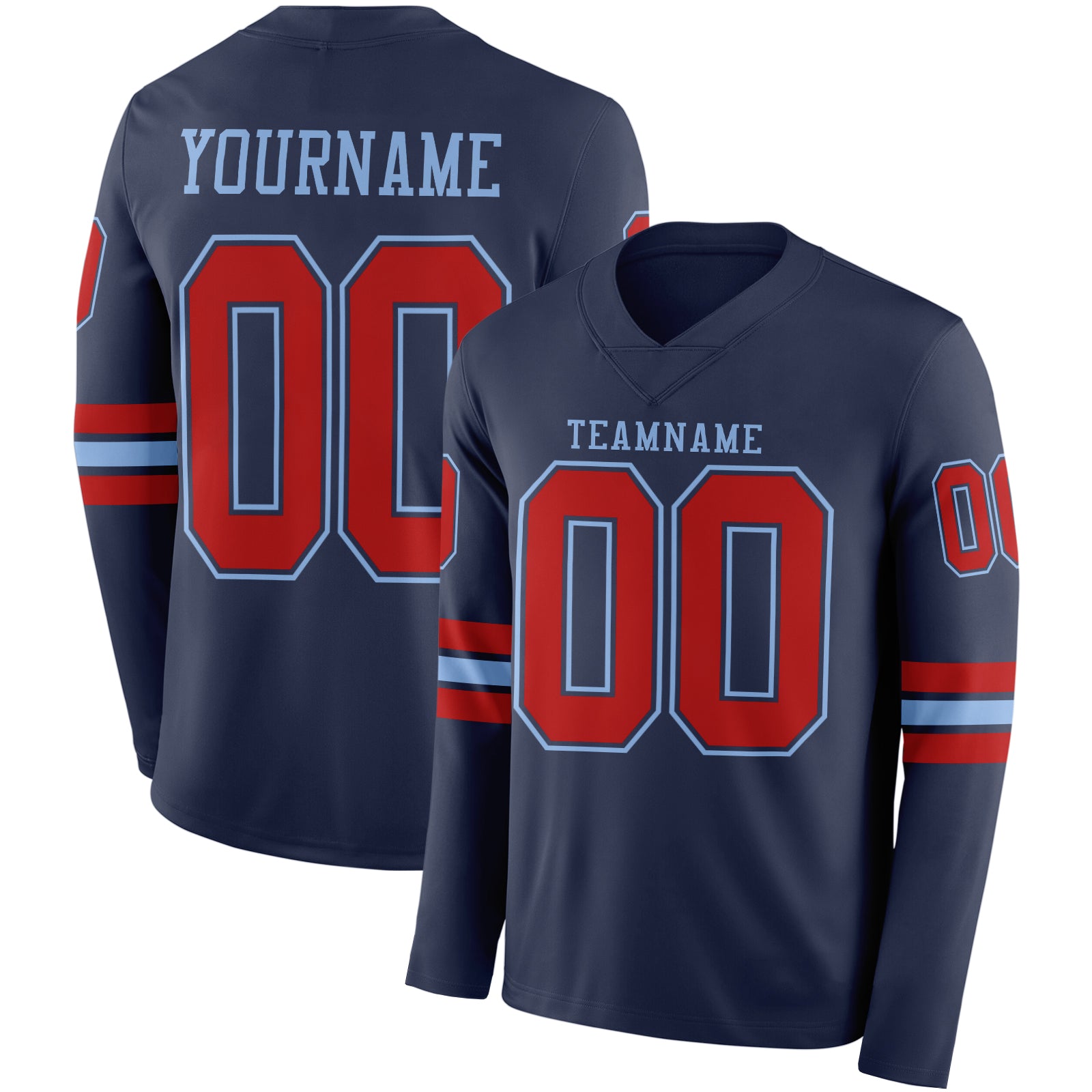 Custom Navy Red-Light Blue Long Sleeve Authentic Football Jersey