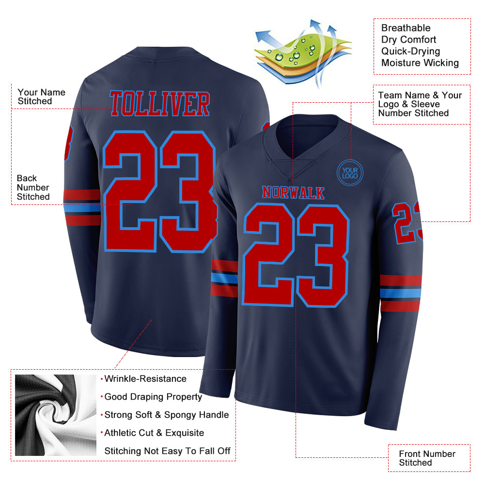 Custom Navy Red-Powder Blue Long Sleeve Authentic Football Jersey