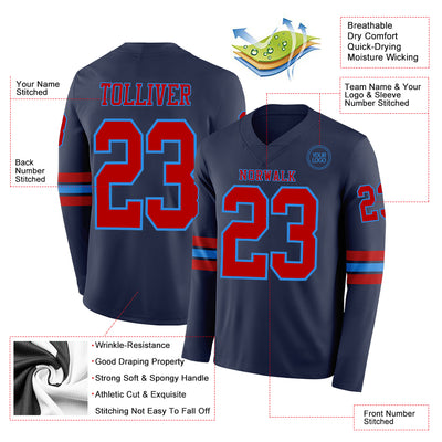Custom Navy Red-Powder Blue Long Sleeve Authentic Football Jersey
