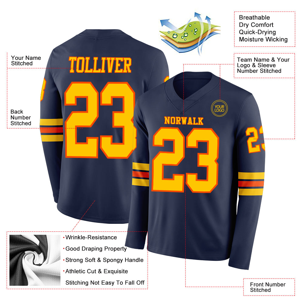 Custom Navy Yellow-Orange Long Sleeve Authentic Football Jersey