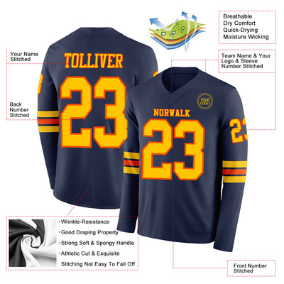 Custom Navy Yellow-Orange Long Sleeve Authentic Football Jersey