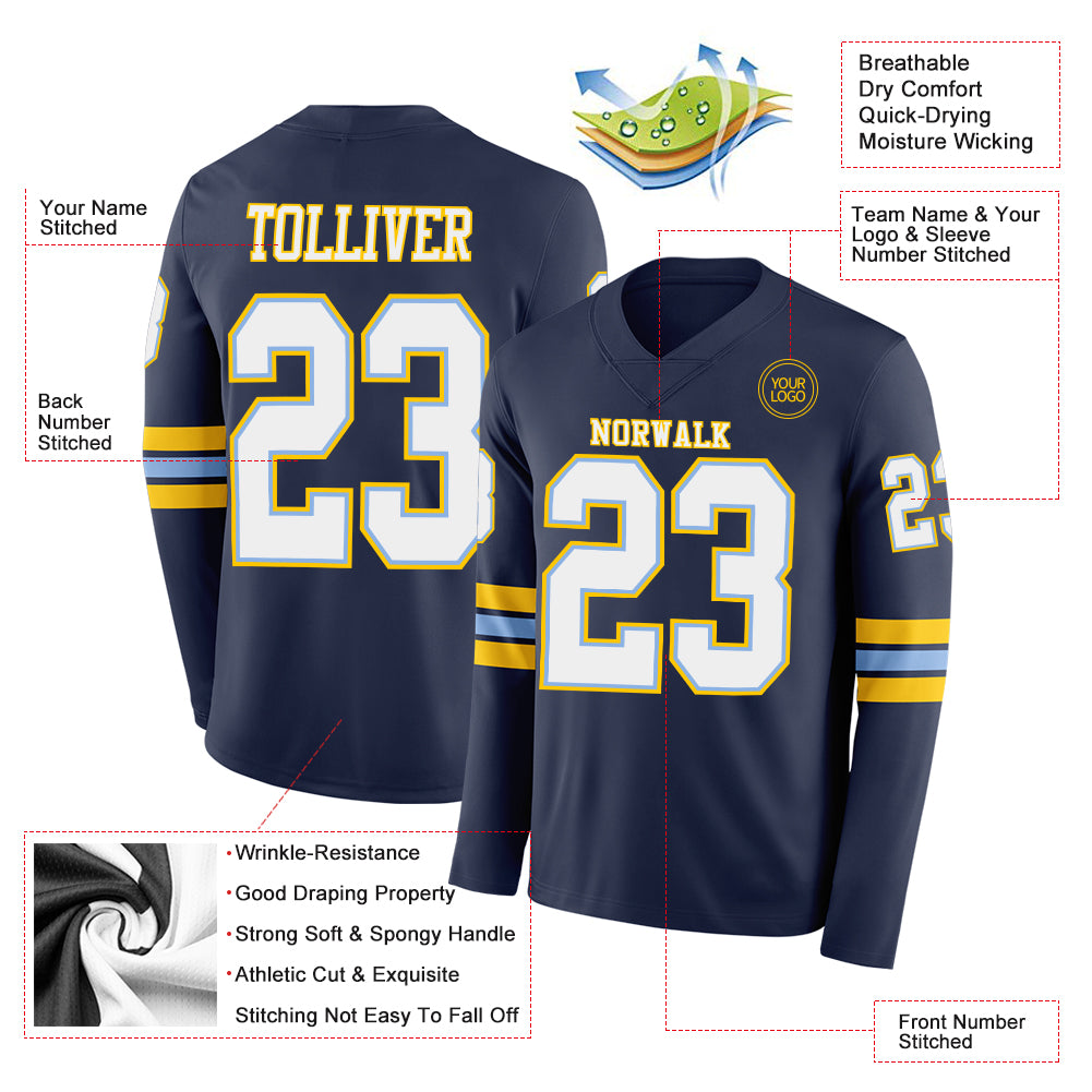 Custom Navy White Light Blue-Yellow Long Sleeve Authentic Football Jersey