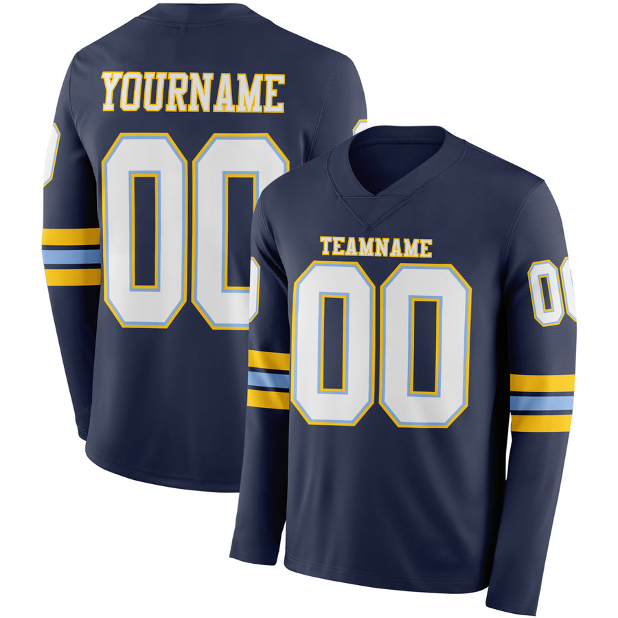 Custom Navy White Light Blue-Yellow Long Sleeve Authentic Football Jersey