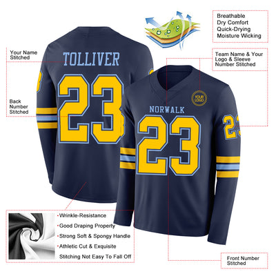 Custom Navy Yellow-Light Blue Long Sleeve Authentic Football Jersey