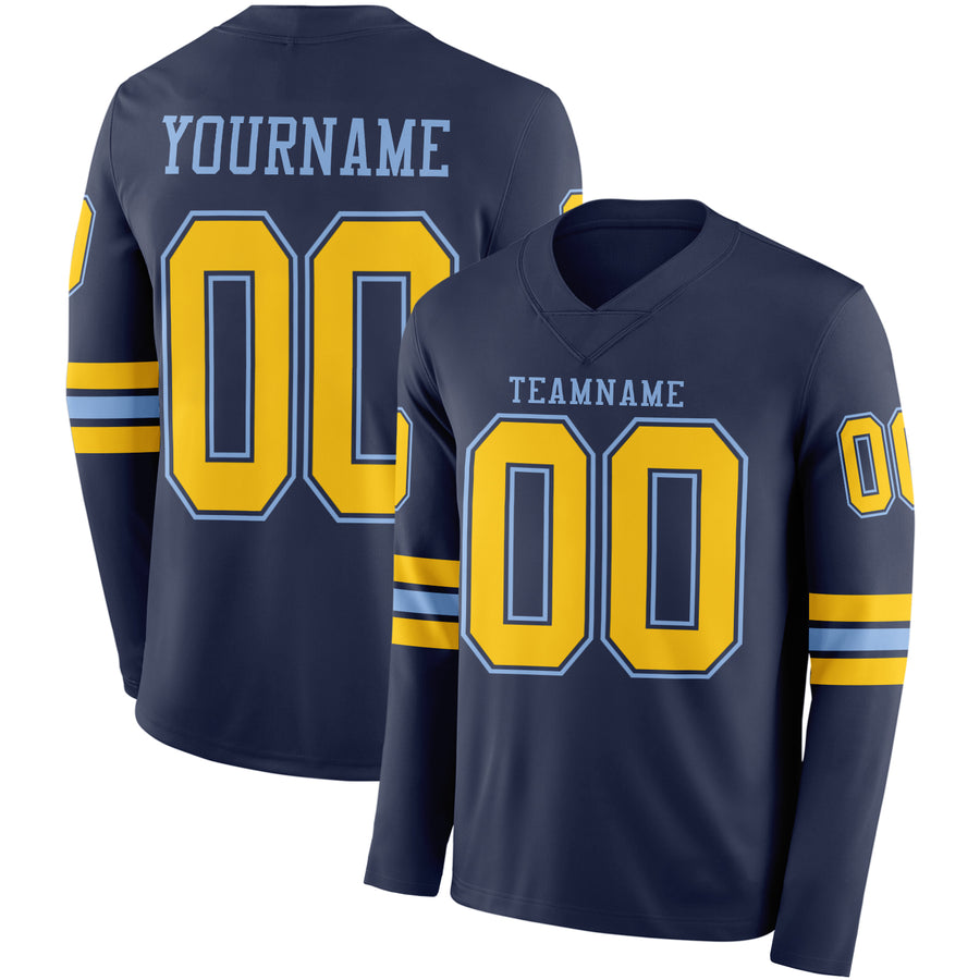 Custom Navy Yellow-Light Blue Long Sleeve Authentic Football Jersey