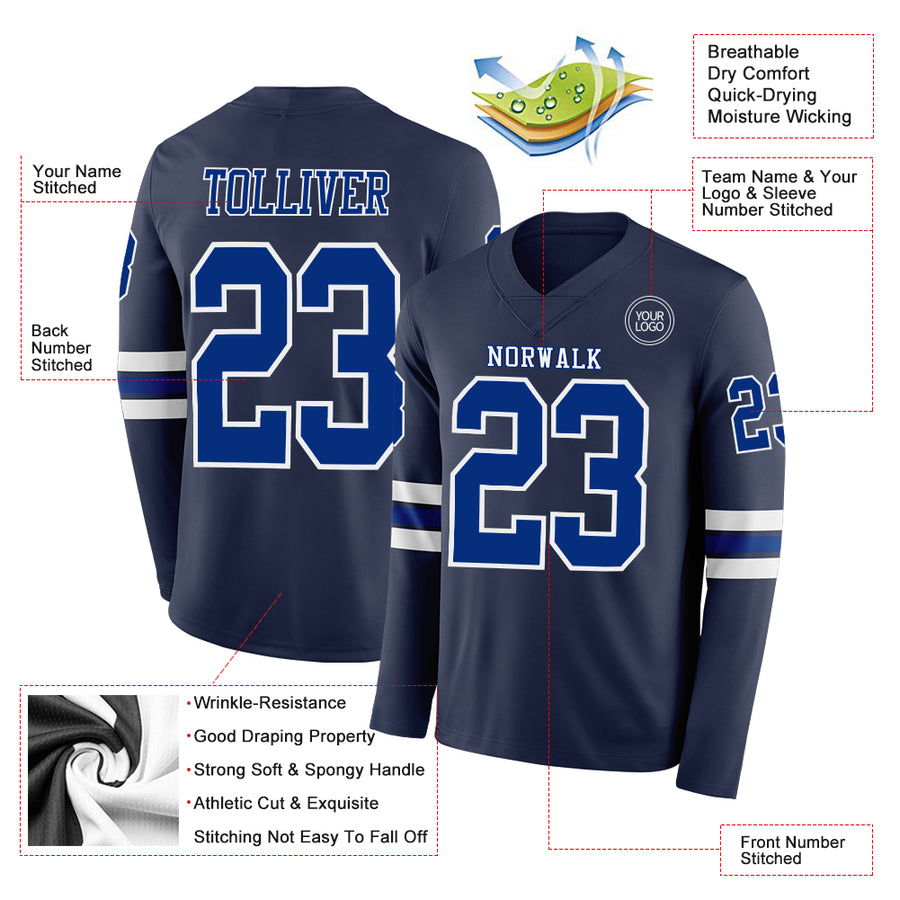 Custom Navy Royal-White Long Sleeve Authentic Football Jersey