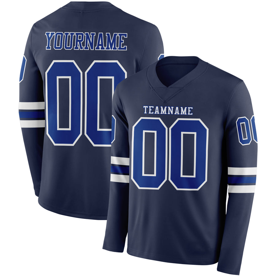 Custom Navy Royal-White Long Sleeve Authentic Football Jersey