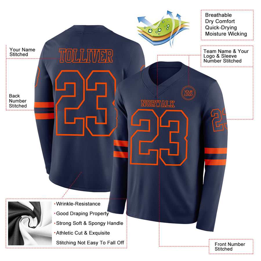 Custom Navy Orange Long Sleeve Authentic Football Jersey