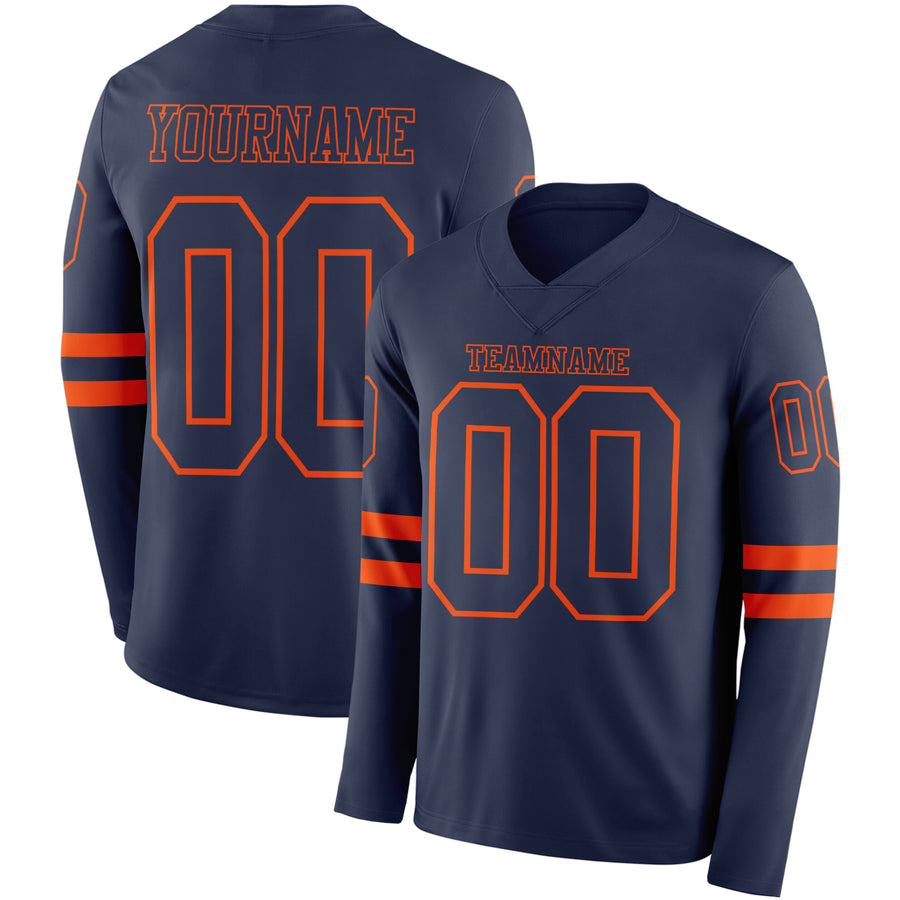 Custom Navy Orange Long Sleeve Authentic Football Jersey