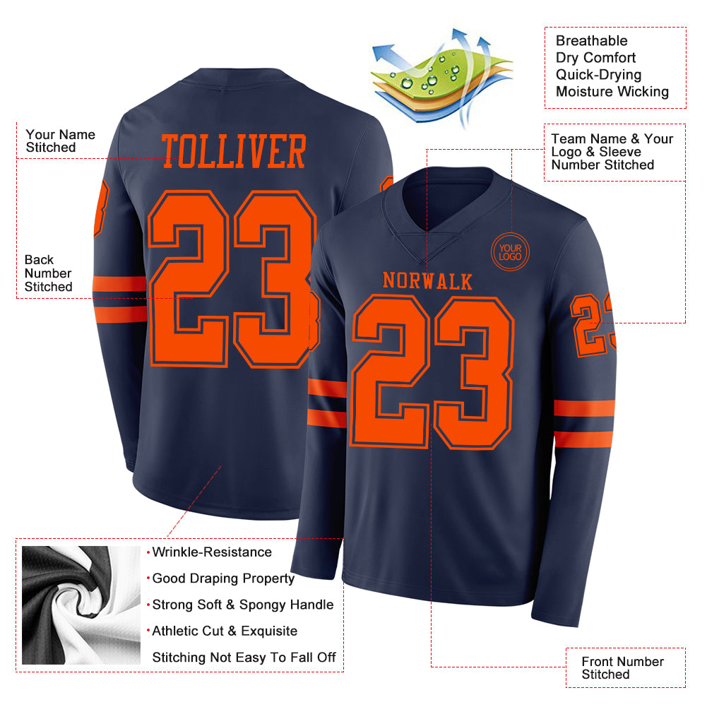 Custom Navy Orange Long Sleeve Authentic Football Jersey