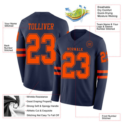 Custom Navy Orange Long Sleeve Authentic Football Jersey