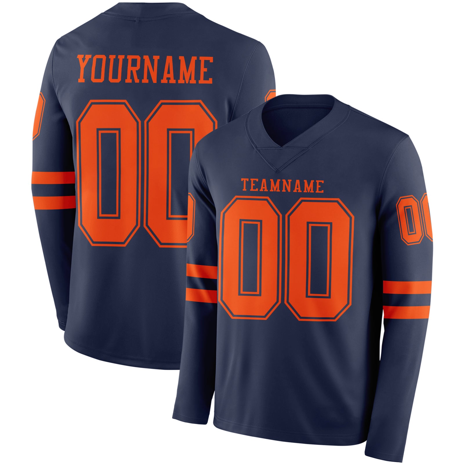 Custom Navy Orange Long Sleeve Authentic Football Jersey