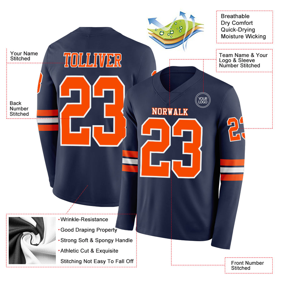 Custom Navy Orange-White Long Sleeve Authentic Football Jersey