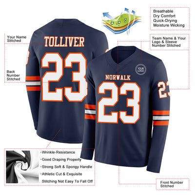 Custom Navy White-Orange Long Sleeve Authentic Football Jersey