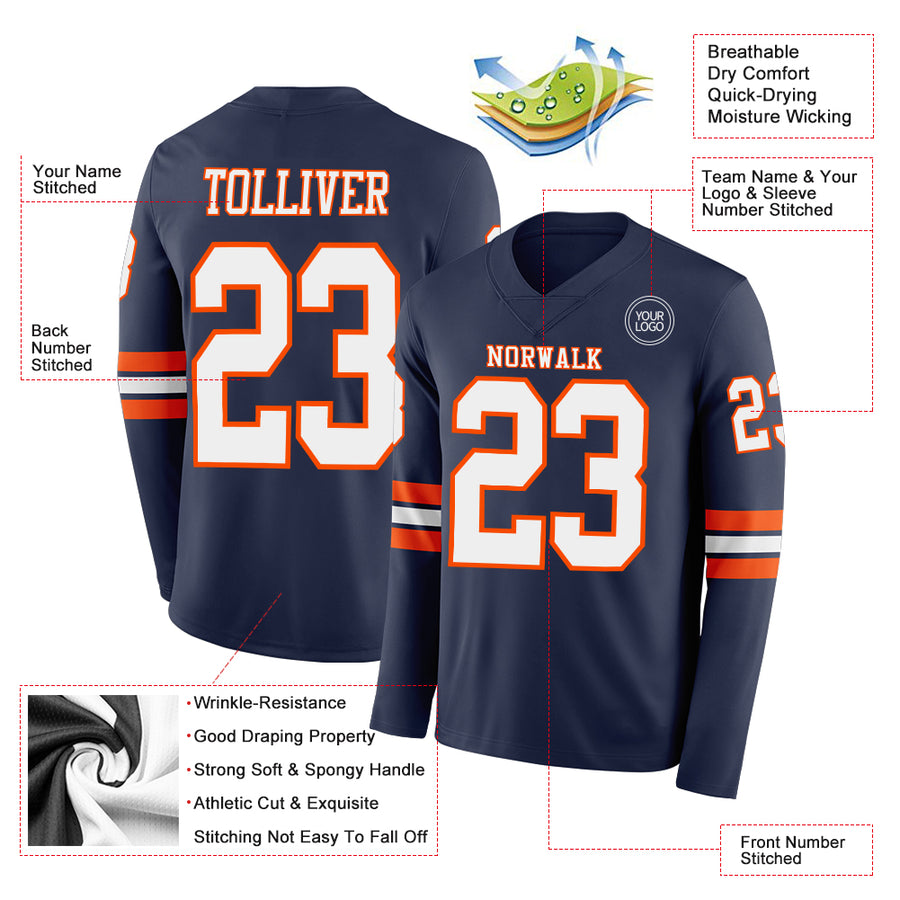 Custom Navy White-Orange Long Sleeve Authentic Football Jersey