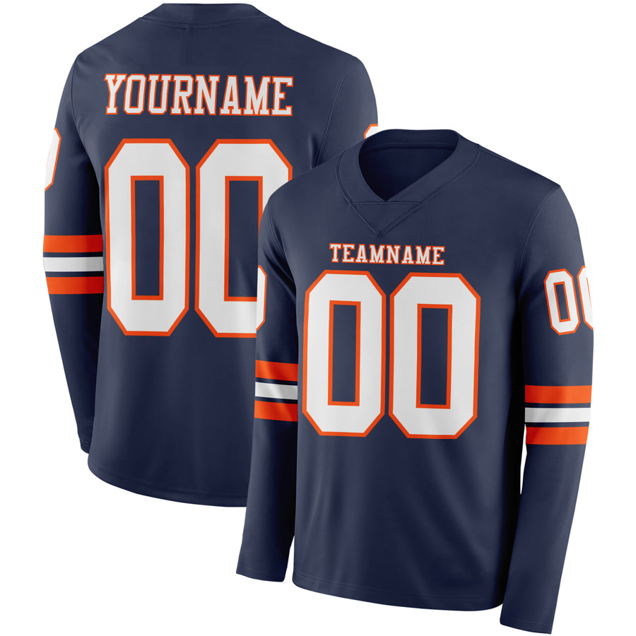 Custom Navy White-Orange Long Sleeve Authentic Football Jersey