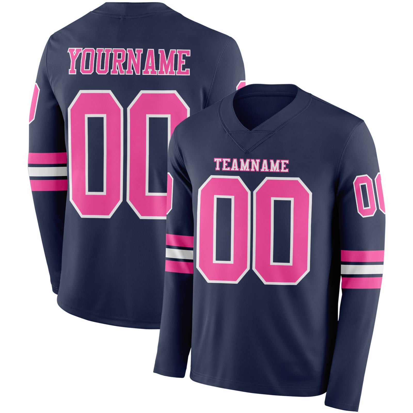 Custom Navy Pink-White Long Sleeve Authentic Football Jersey