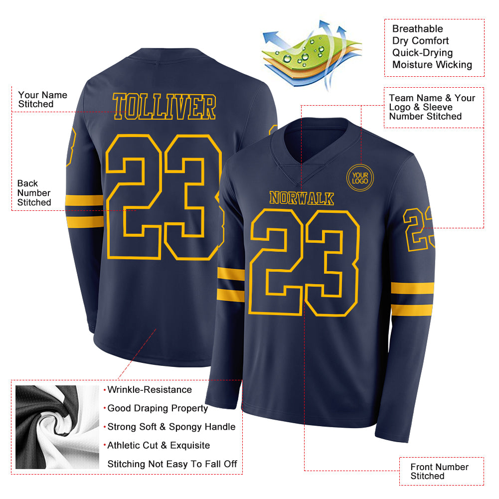 Custom Navy Gold Long Sleeve Authentic Football Jersey