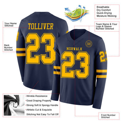 Custom Navy Gold Long Sleeve Authentic Football Jersey
