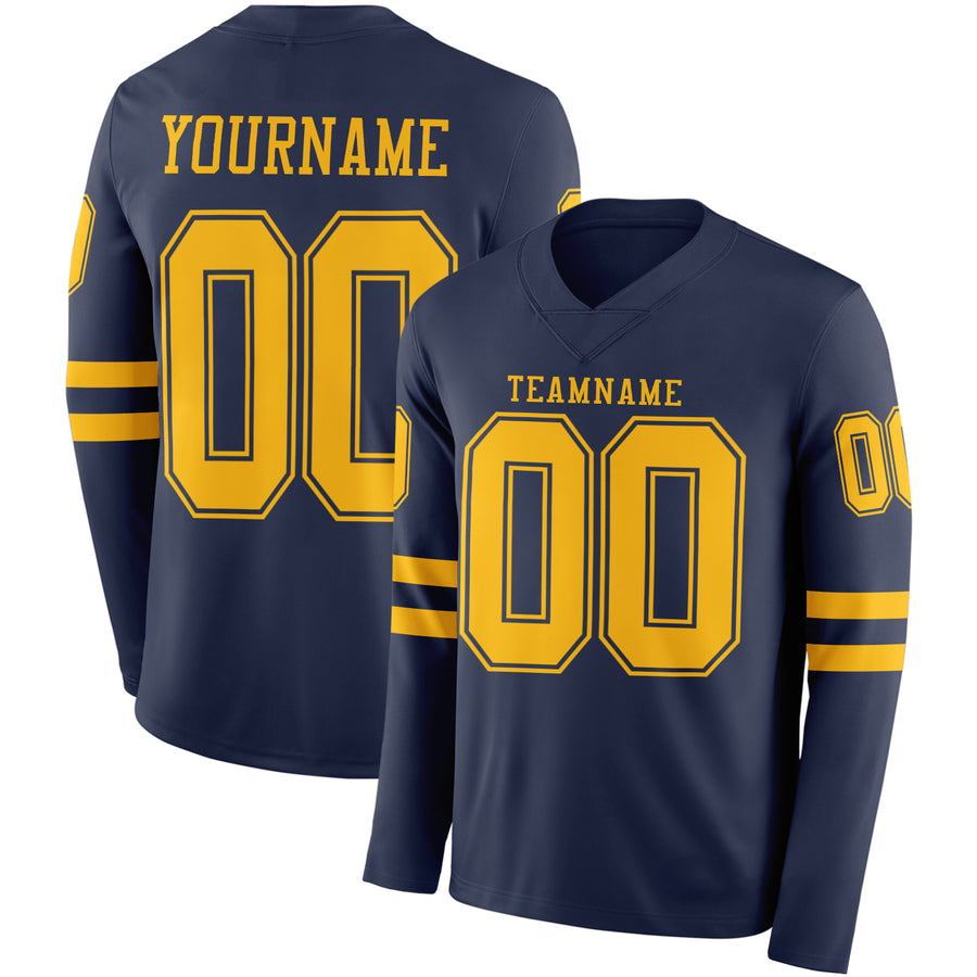 Custom Navy Gold Long Sleeve Authentic Football Jersey