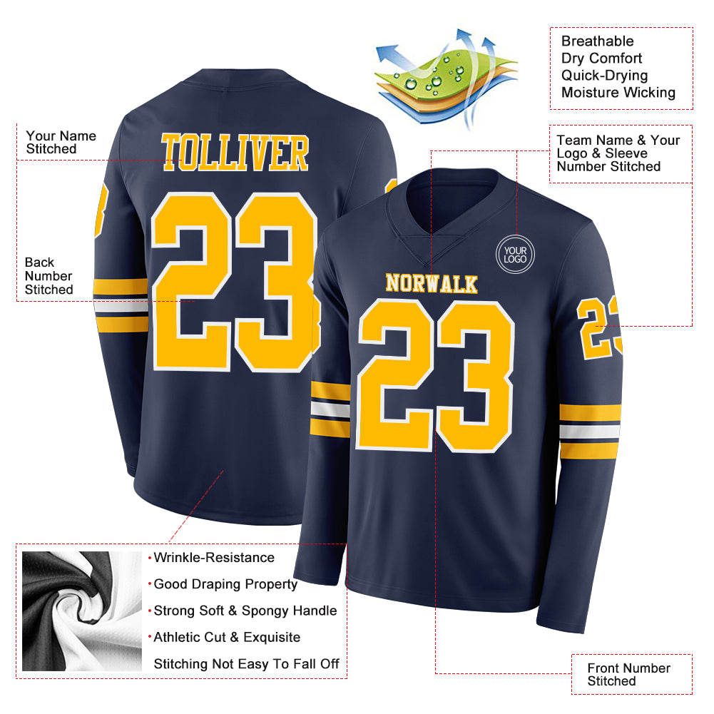 Custom Navy Gold-White Long Sleeve Authentic Football Jersey