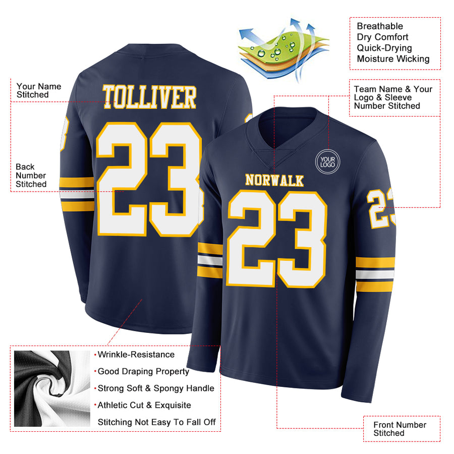 Custom Navy White-Gold Long Sleeve Authentic Football Jersey