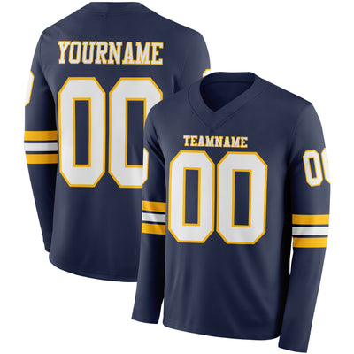 Custom Navy White-Gold Long Sleeve Authentic Football Jersey