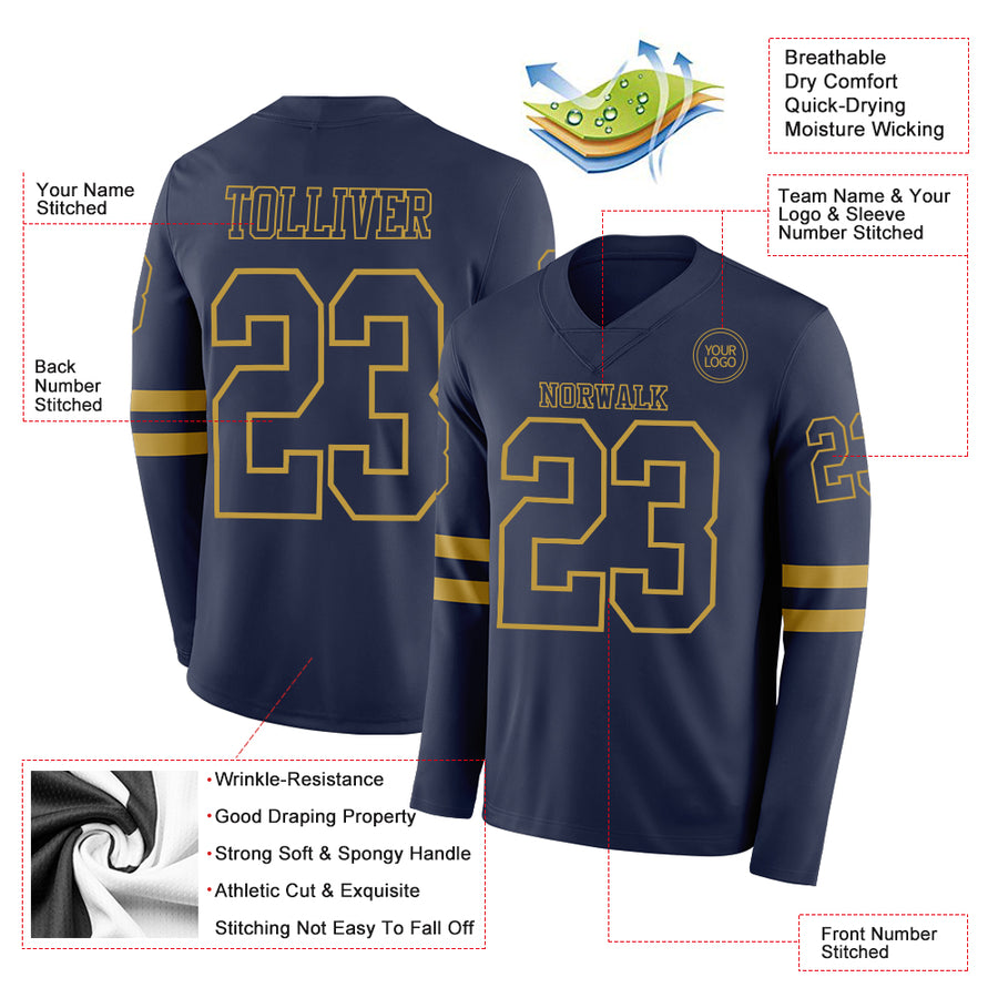 Custom Navy Old Gold Long Sleeve Authentic Football Jersey