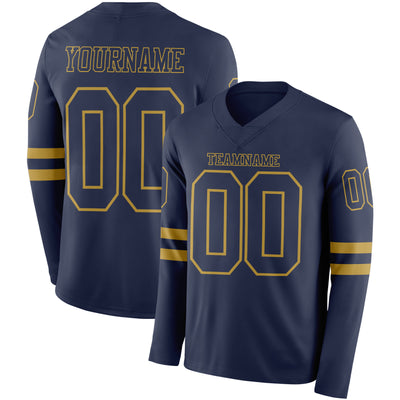 Custom Navy Old Gold Long Sleeve Authentic Football Jersey
