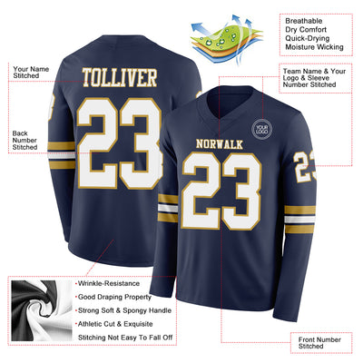 Custom Navy White-Old Gold Long Sleeve Authentic Football Jersey