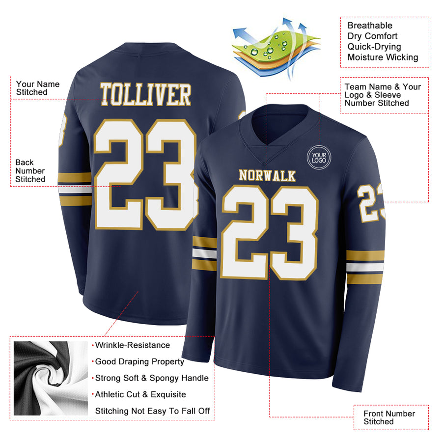 Custom Navy White-Old Gold Long Sleeve Authentic Football Jersey