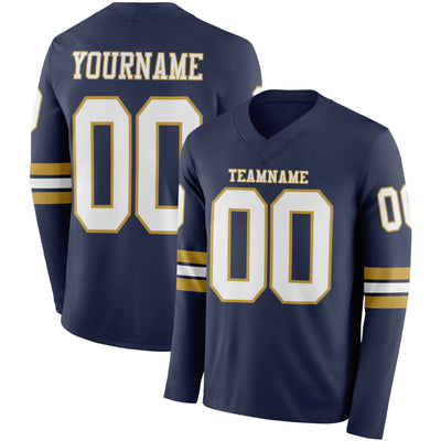 Custom Navy White-Old Gold Long Sleeve Authentic Football Jersey