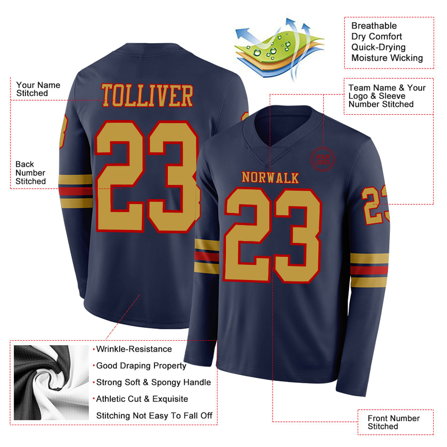 Custom Navy Old Gold-Red Long Sleeve Authentic Football Jersey