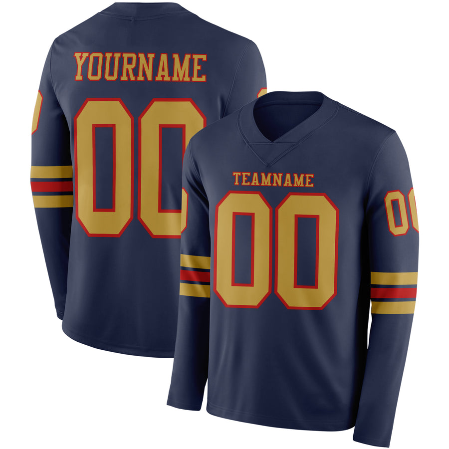 Custom Navy Old Gold-Red Long Sleeve Authentic Football Jersey