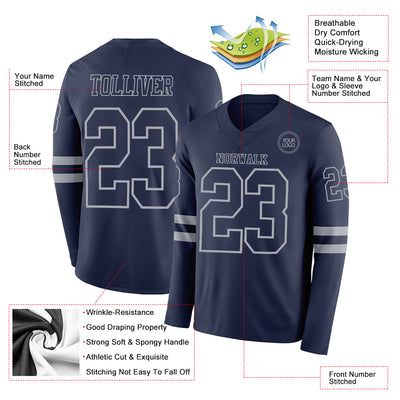 Custom Navy Gray Long Sleeve Authentic Football Jersey