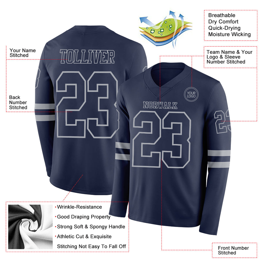 Custom Navy Gray Long Sleeve Authentic Football Jersey