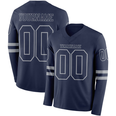 Custom Navy Gray Long Sleeve Authentic Football Jersey