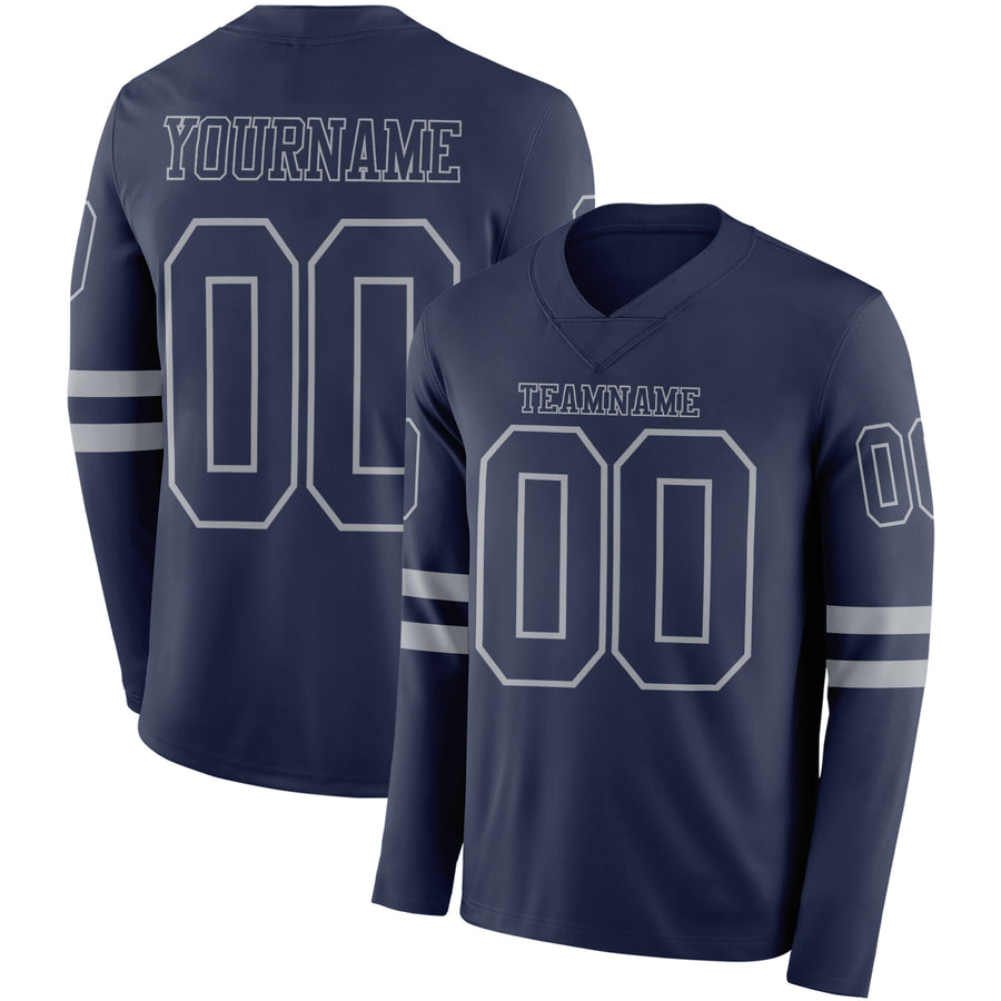 Custom Navy Gray Long Sleeve Authentic Football Jersey