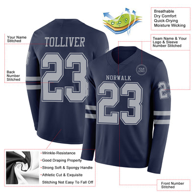 Custom Navy Gray Long Sleeve Authentic Football Jersey