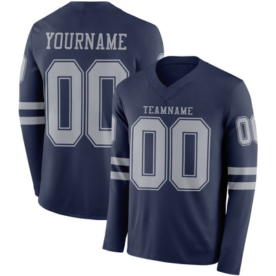 Custom Navy Gray Long Sleeve Authentic Football Jersey