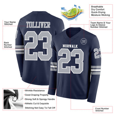 Custom Navy Gray-White Long Sleeve Authentic Football Jersey