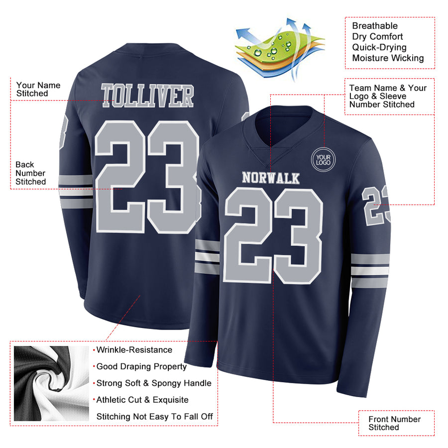 Custom Navy Gray-White Long Sleeve Authentic Football Jersey