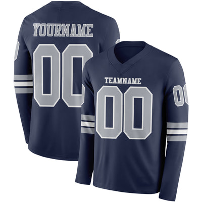 Custom Navy Gray-White Long Sleeve Authentic Football Jersey