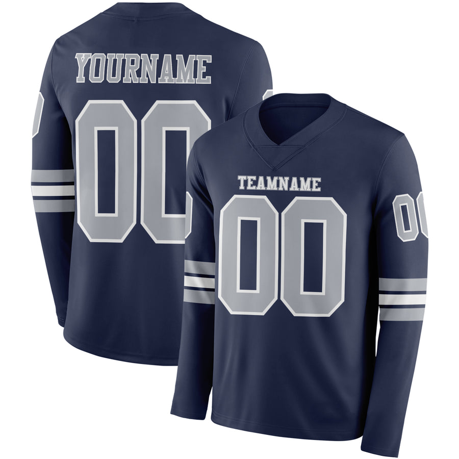 Custom Navy Gray-White Long Sleeve Authentic Football Jersey
