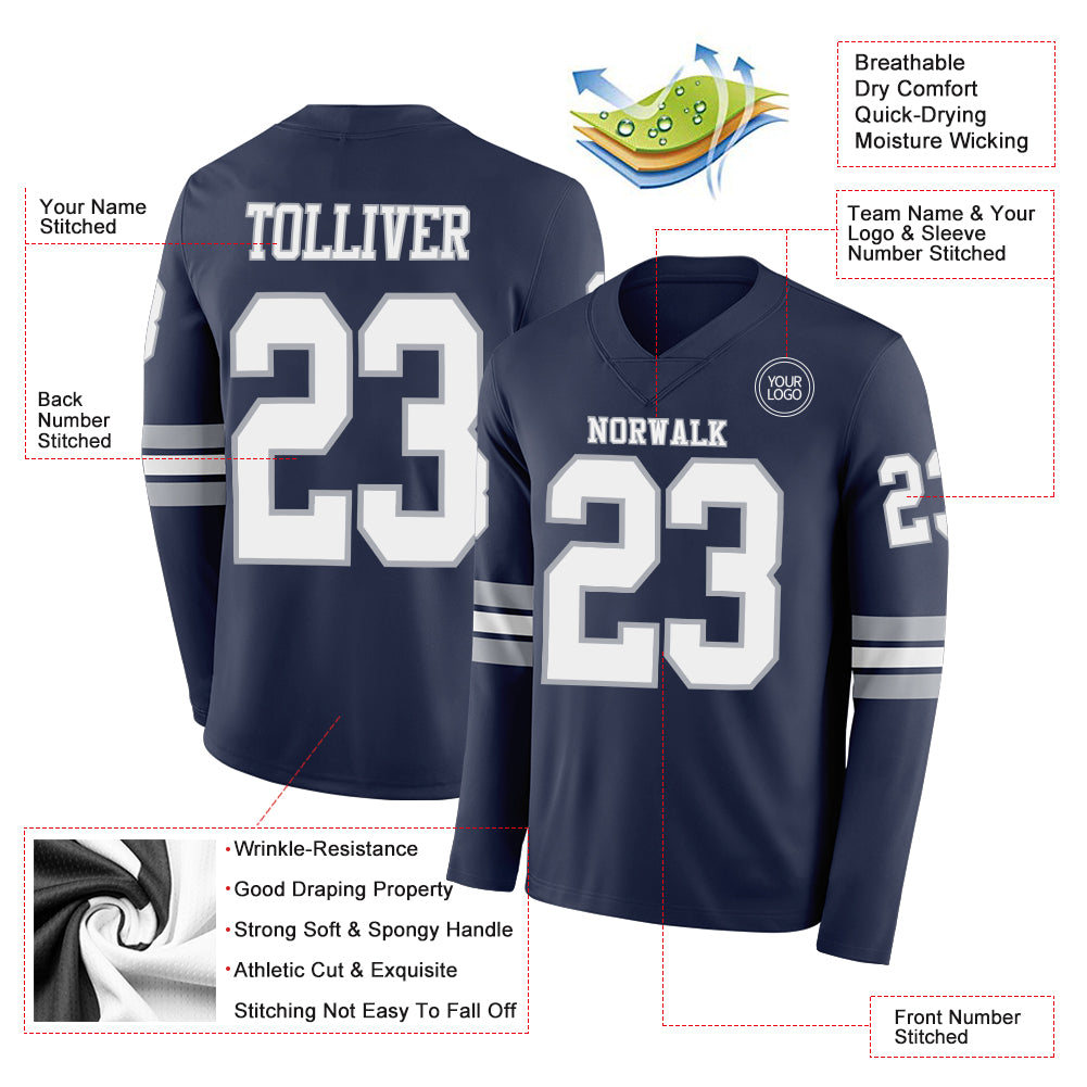 Custom Navy White-Gray Long Sleeve Authentic Football Jersey