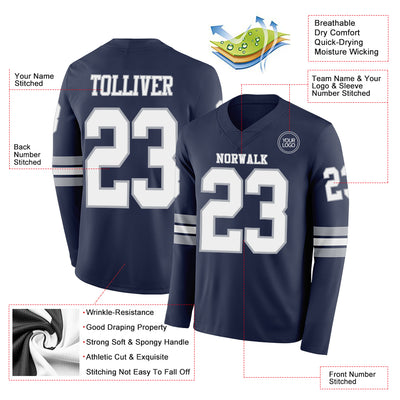 Custom Navy White-Gray Long Sleeve Authentic Football Jersey