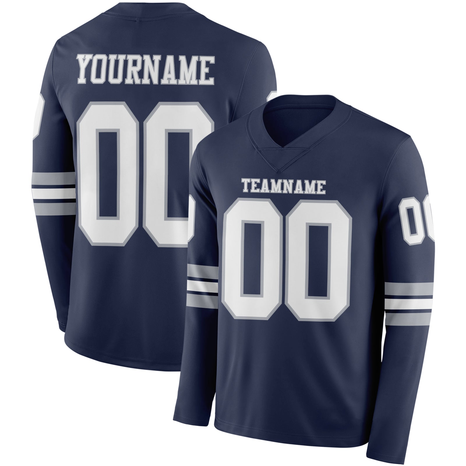 Custom Navy White-Gray Long Sleeve Authentic Football Jersey