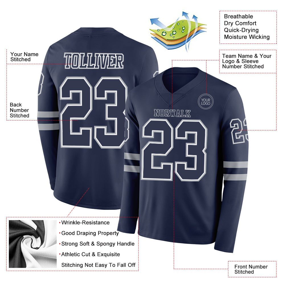 Custom Navy White-Gray Long Sleeve Authentic Football Jersey