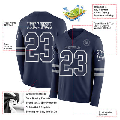 Custom Navy White-Gray Long Sleeve Authentic Football Jersey